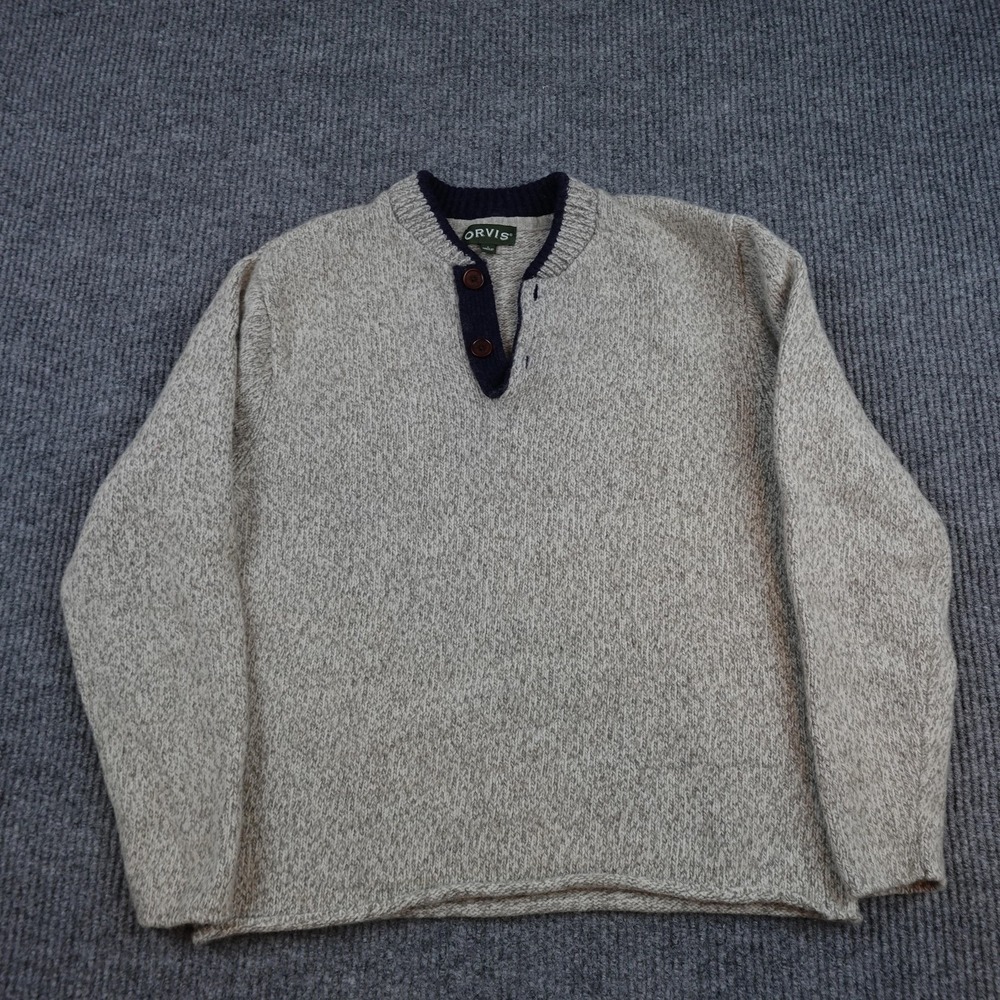 Orvis Sweater Mens Large Gray Wool Blend Henley Knit Pullover Long Sleeve